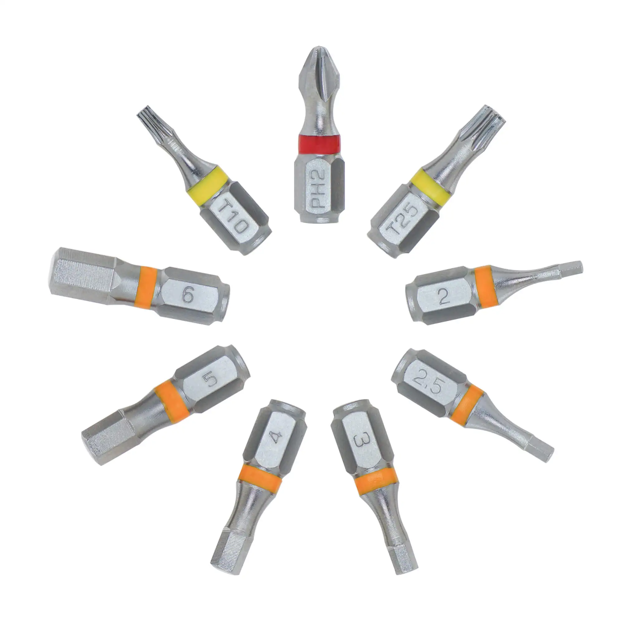 Circular arrangement of all 9pcs 711L bits around a highlighted bit showing the extended base - showcasing the 9pcs set with easy removal feature